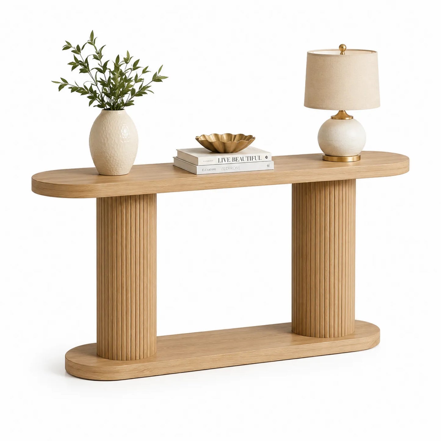 Mesa consola de madera de roble con base ovalada 120x30x80 cm