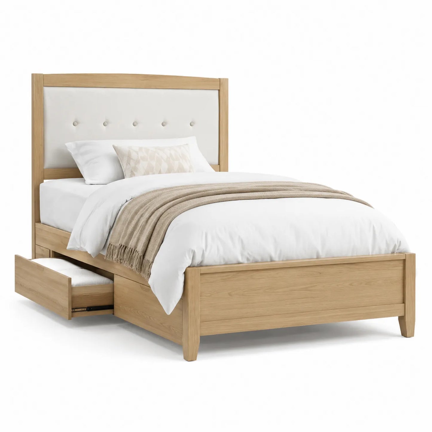 Cama de madera con cabecero de poliéster y cajón de almacenamiento