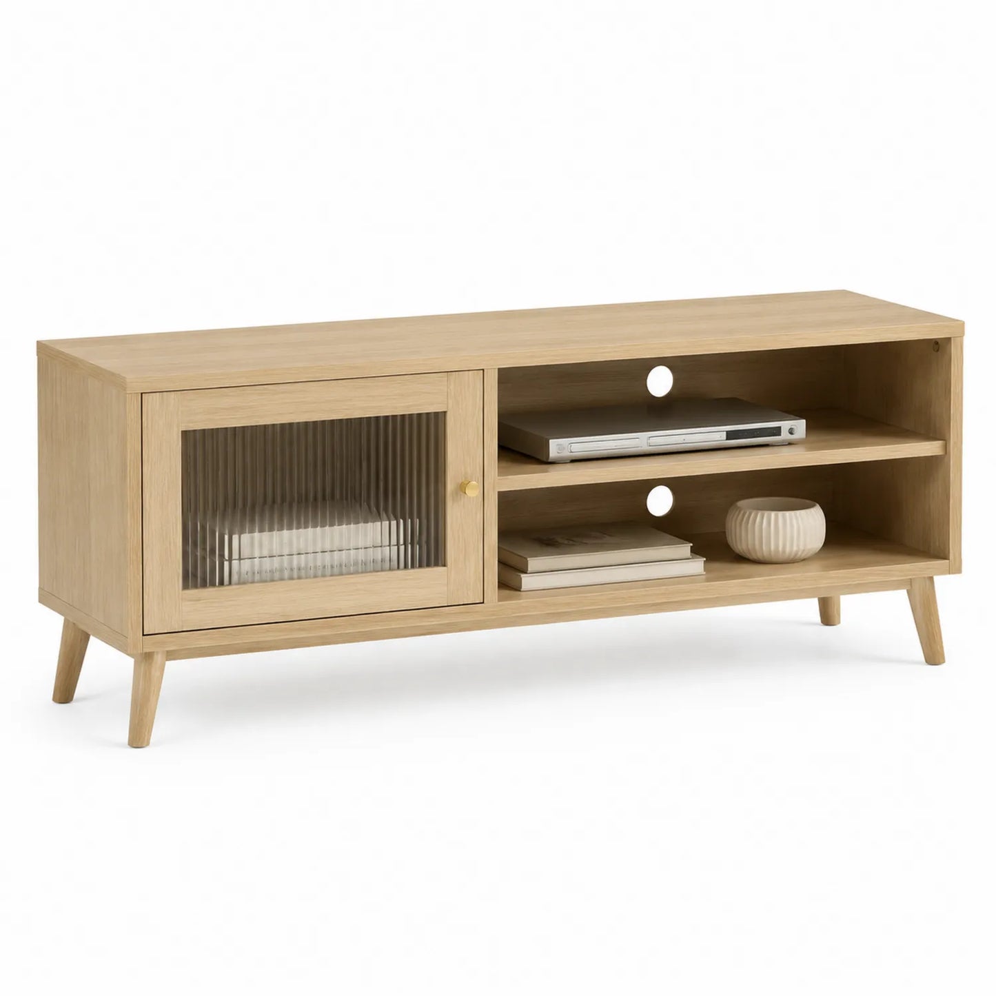 Mueble de TV de madera con puerta de vidrio templado estriado