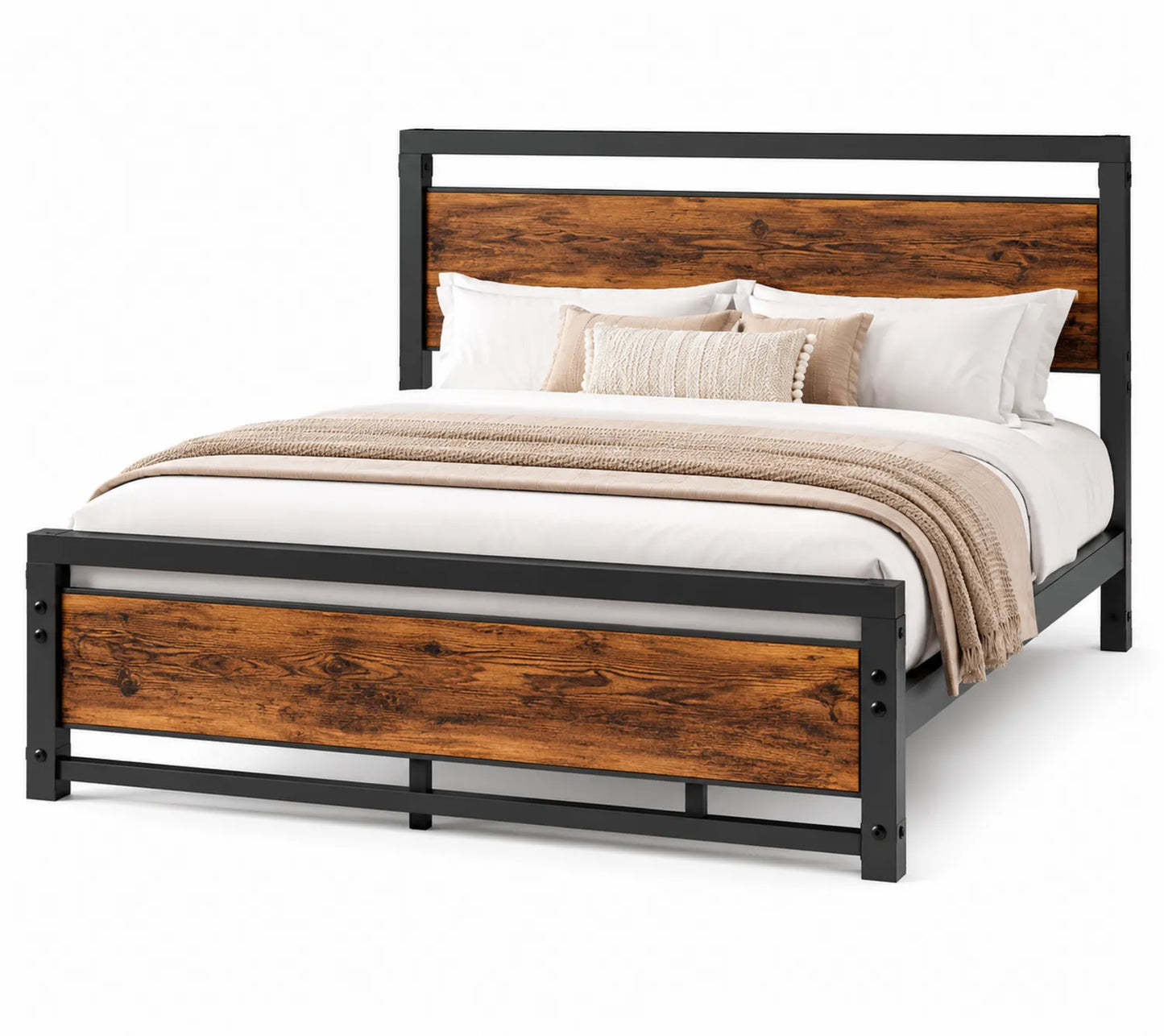 Cama de Metal Negro y Madera Marrón con Cabecero y Pie de Cama 160x200 cm
