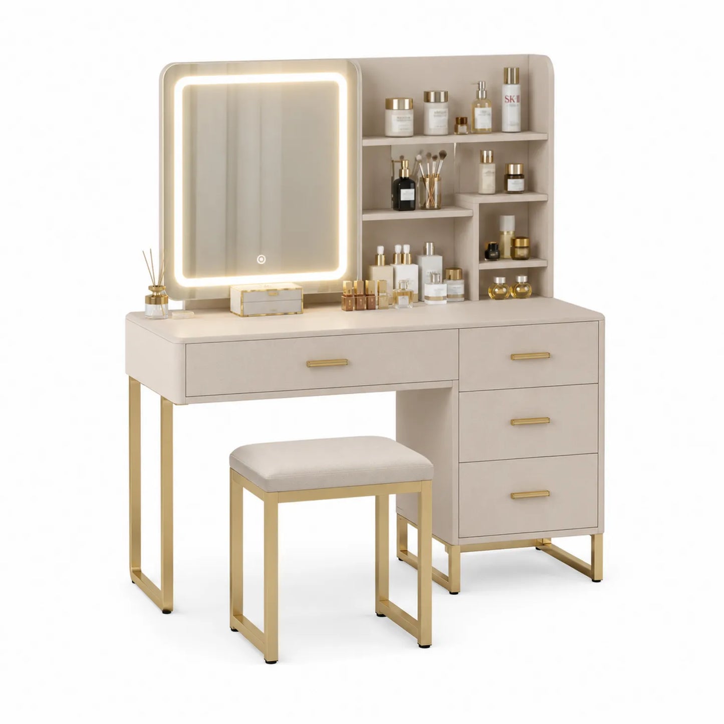 Tocador con Espejo LED y Taburete de MDF y Metal Beige Dorado