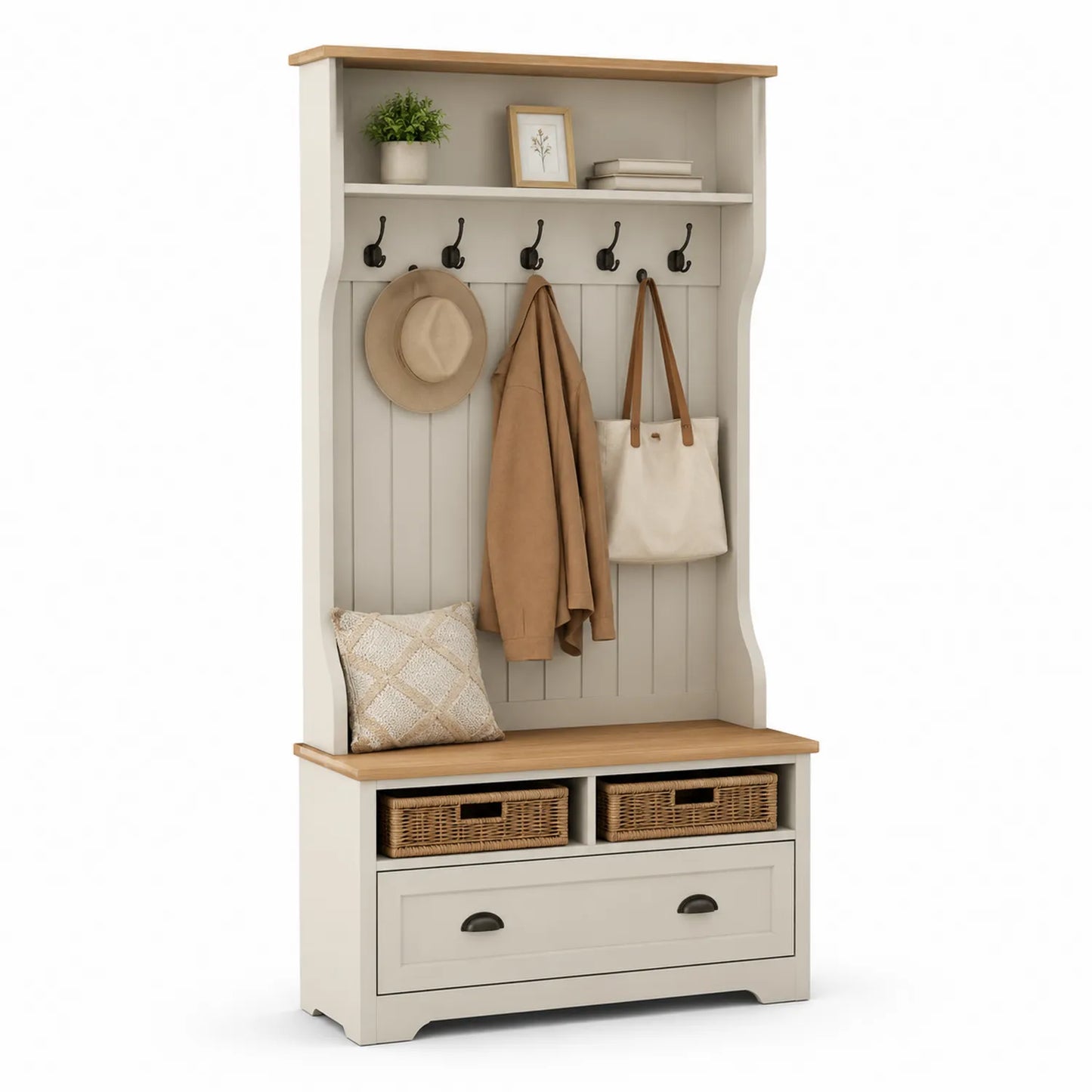 Perchero de Entrada con Banco de Madera MDF y Cestas de Mimbre Blanco Roble