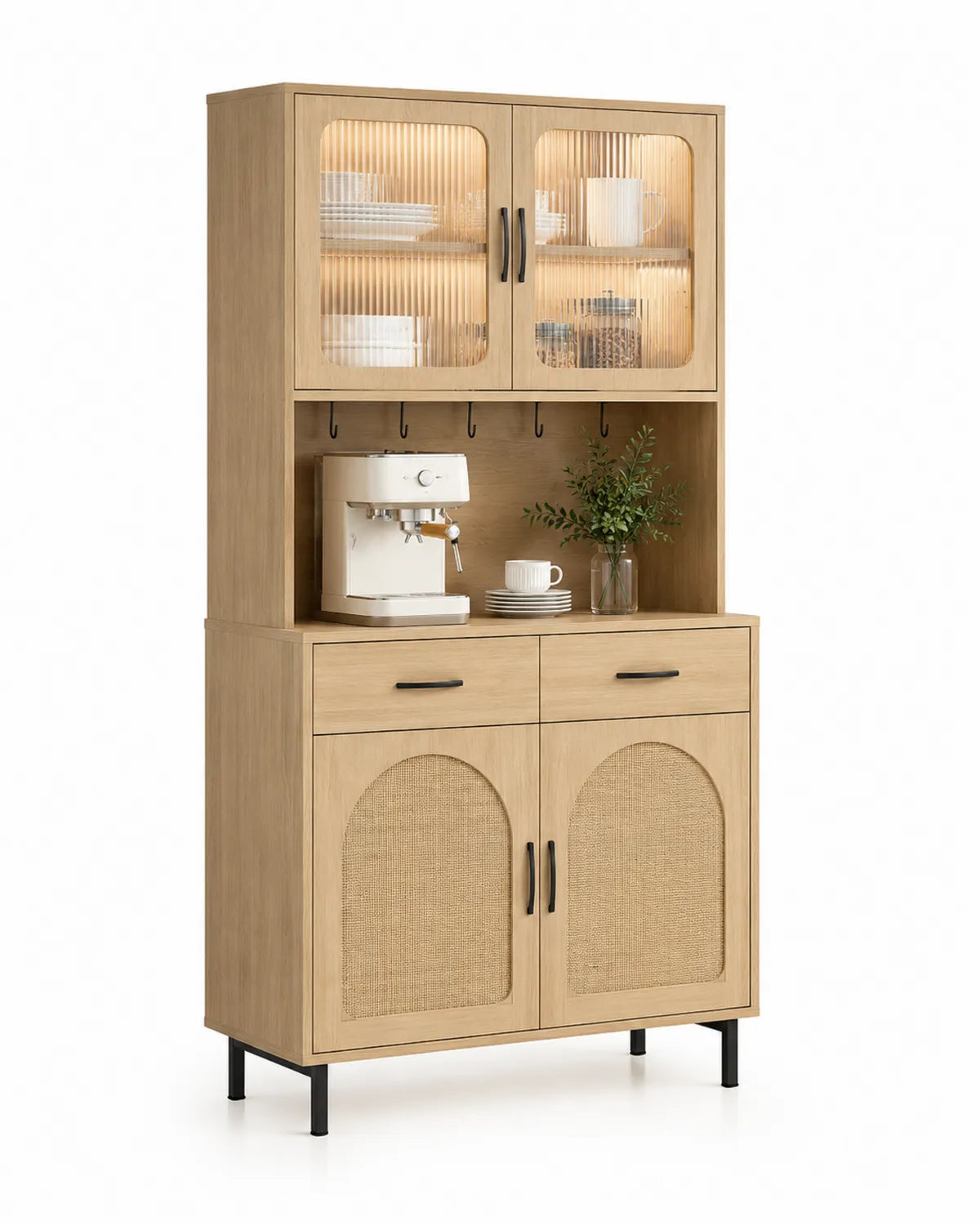 Aparador de Madera con Vidrio Acanalado y Rattan, Roble Claro