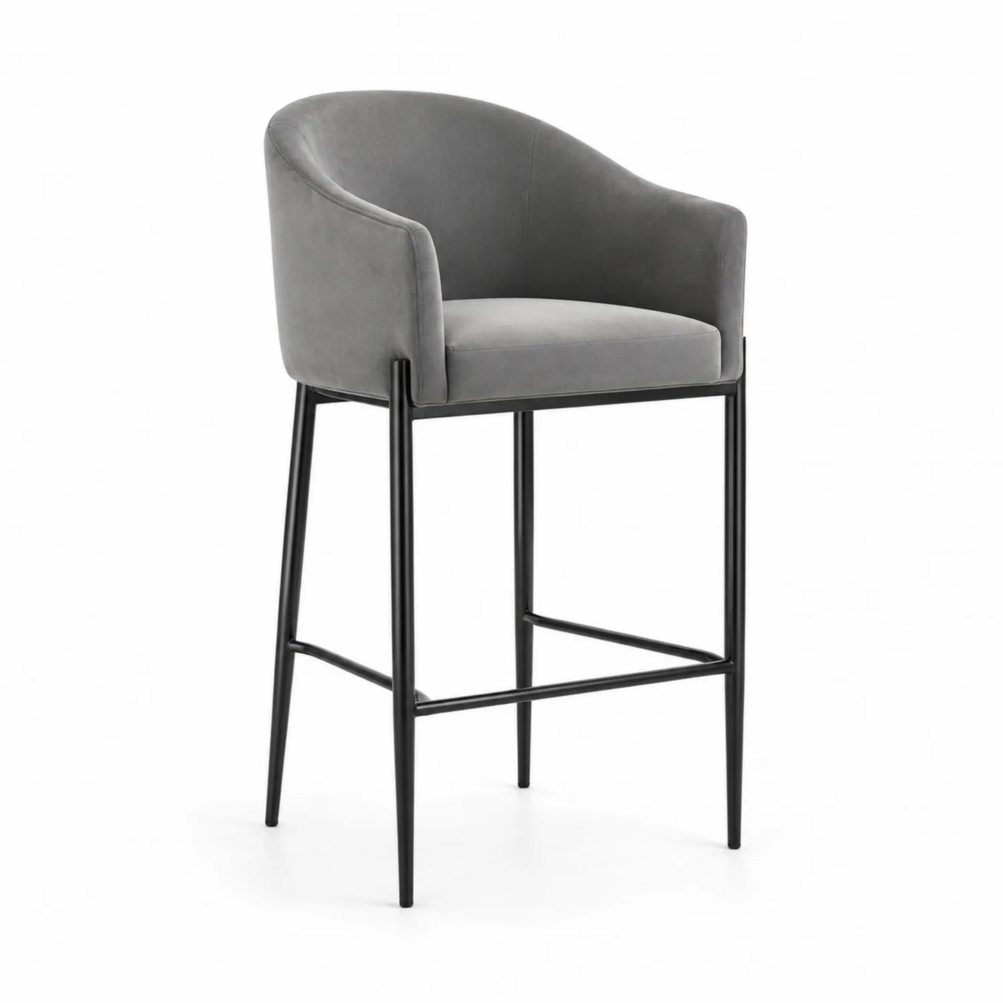 Taburete de terciopelo gris y metal negro