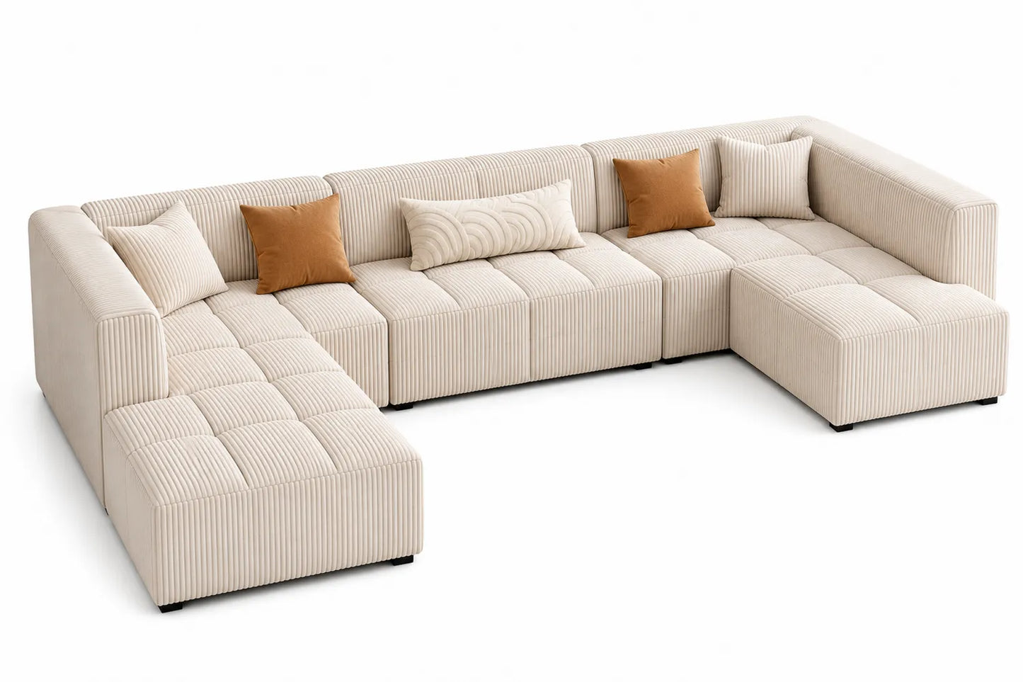 Sofá esquinero modular en L de pana beige con cojines marrones