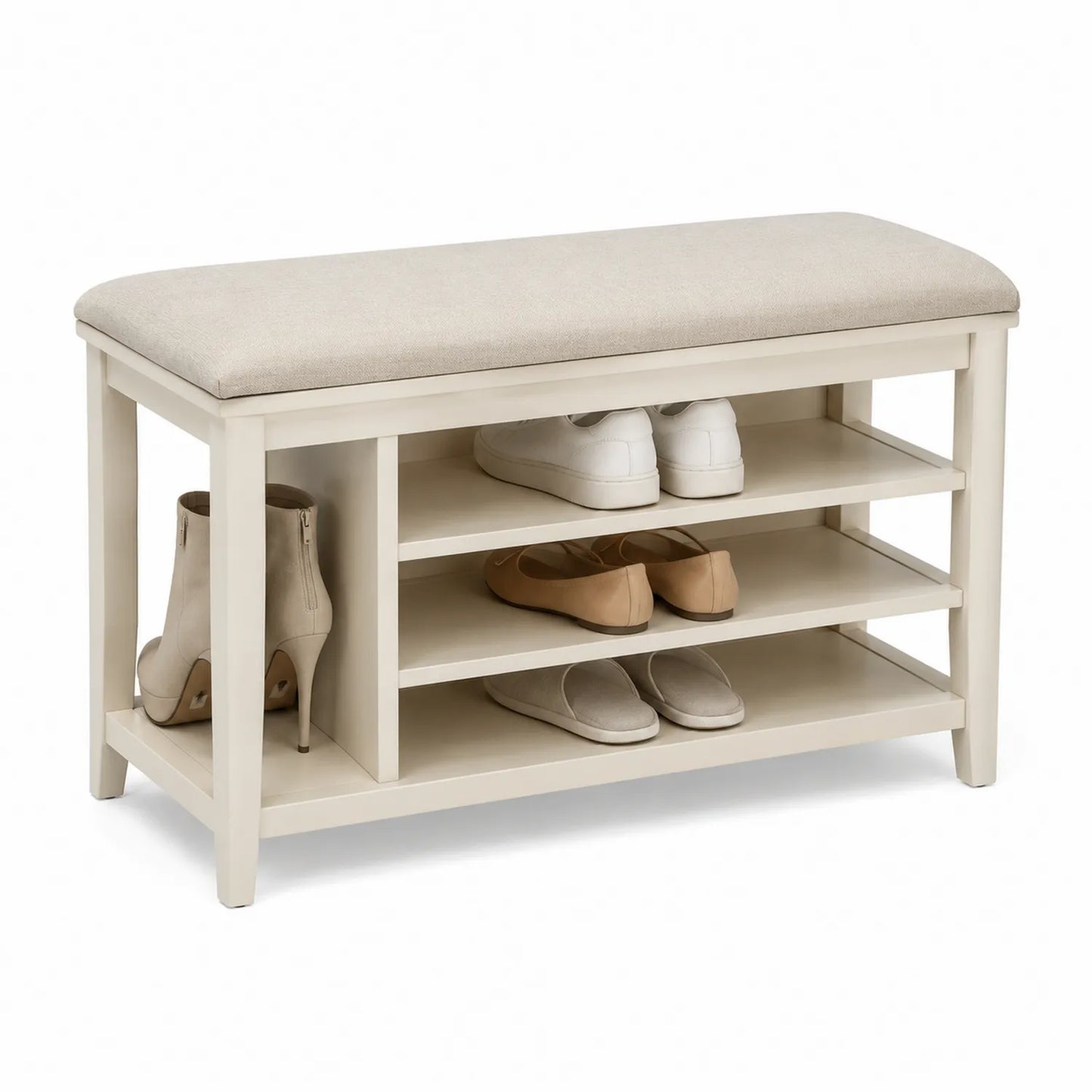 Banco zapatero de madera con asiento de tela beige y compartimento lateral