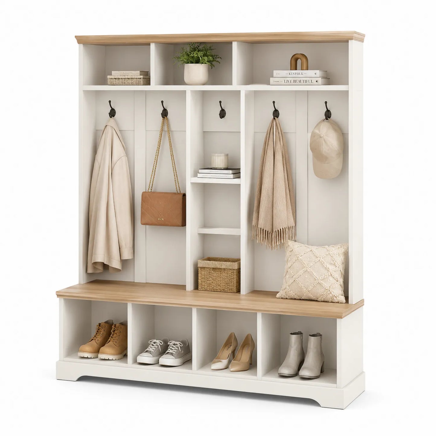 Perchero de madera MDF con estantes y ganchos
