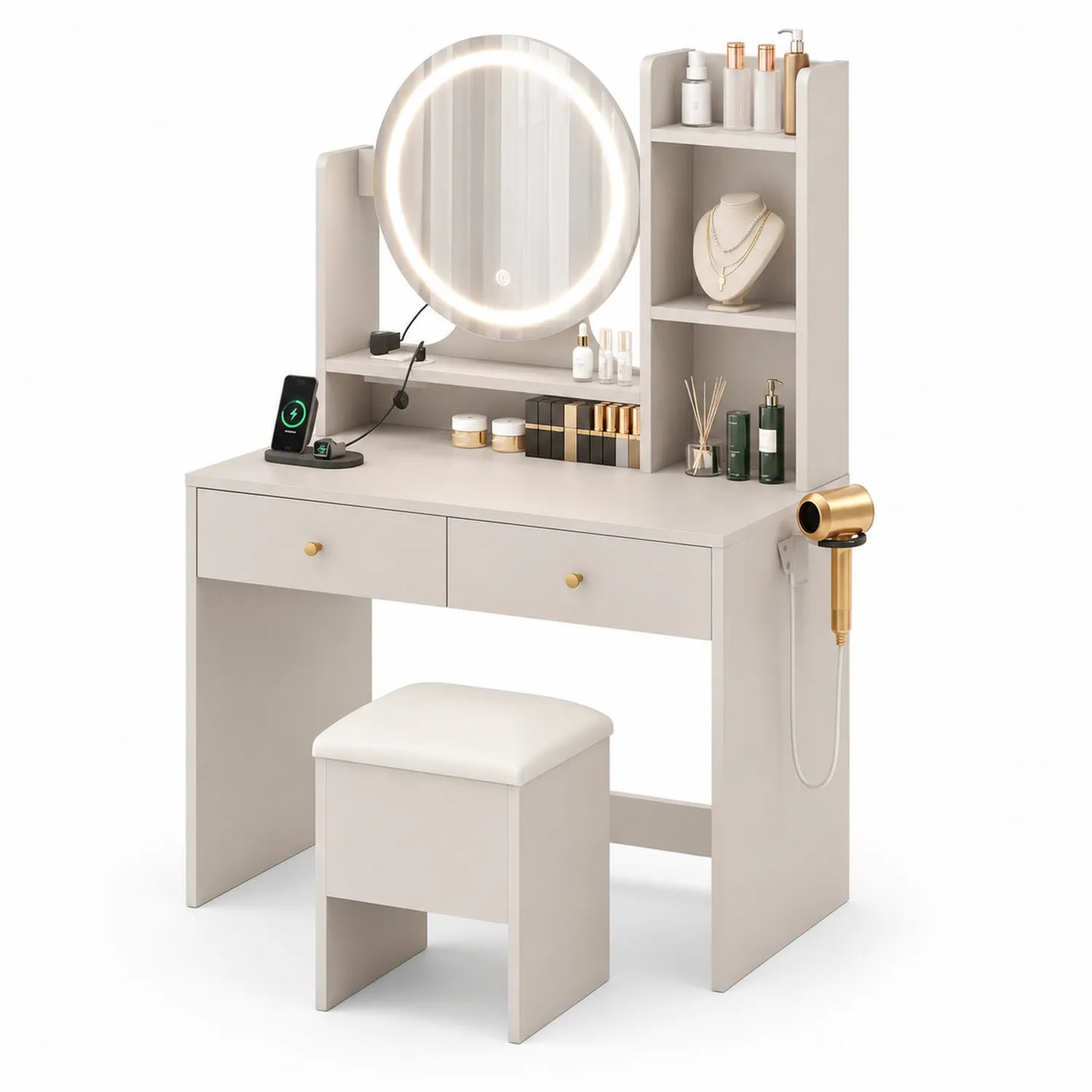 Tocador de MDF con Espejo LED y Taburete Beige