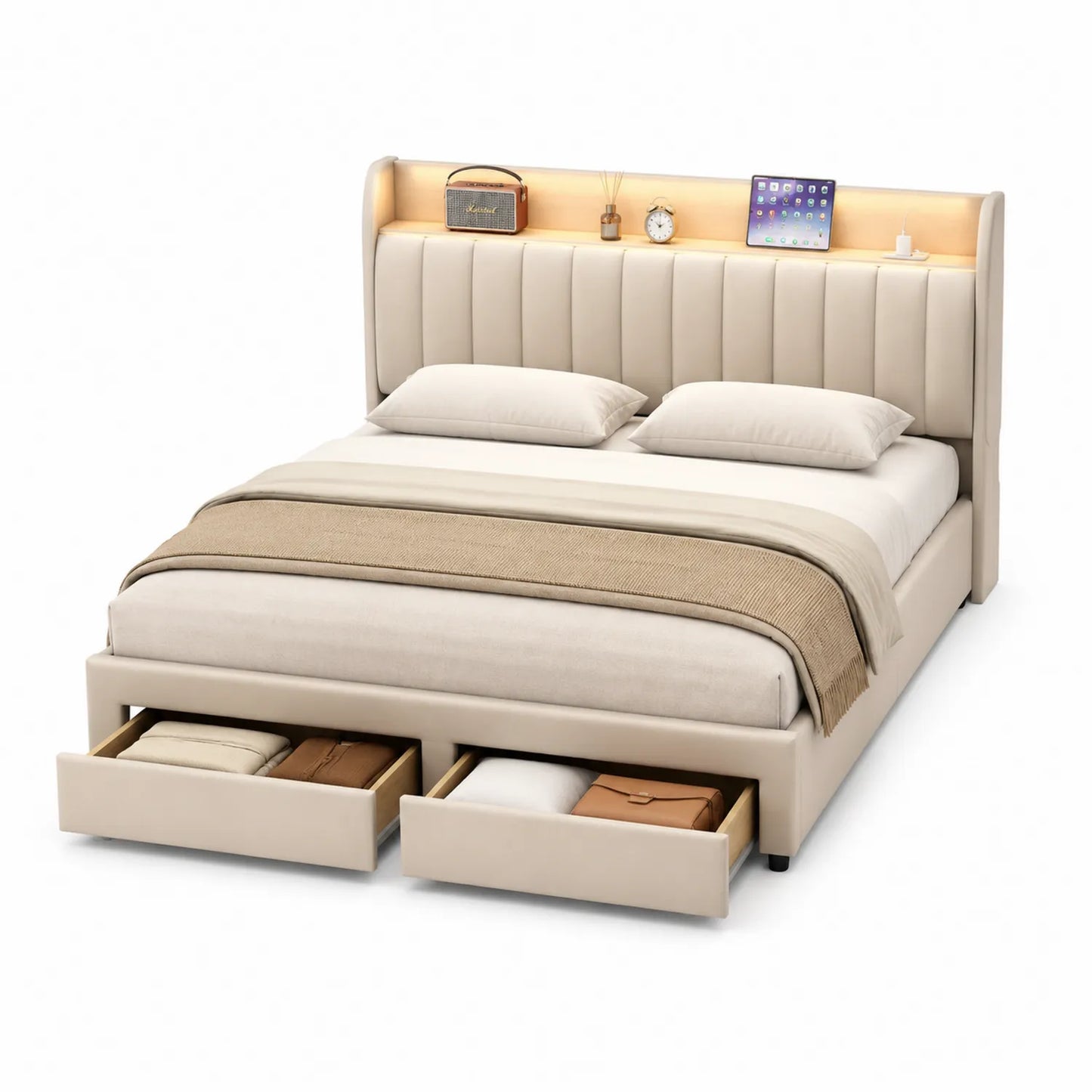 Cama doble con cabecero tapizado beige, almacenaje y luz LED integrada