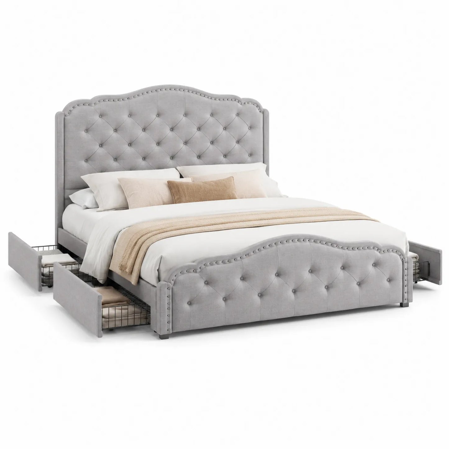 Cama tapizada de poliéster con cabecero capitoné y cajones de almacenamiento, gris