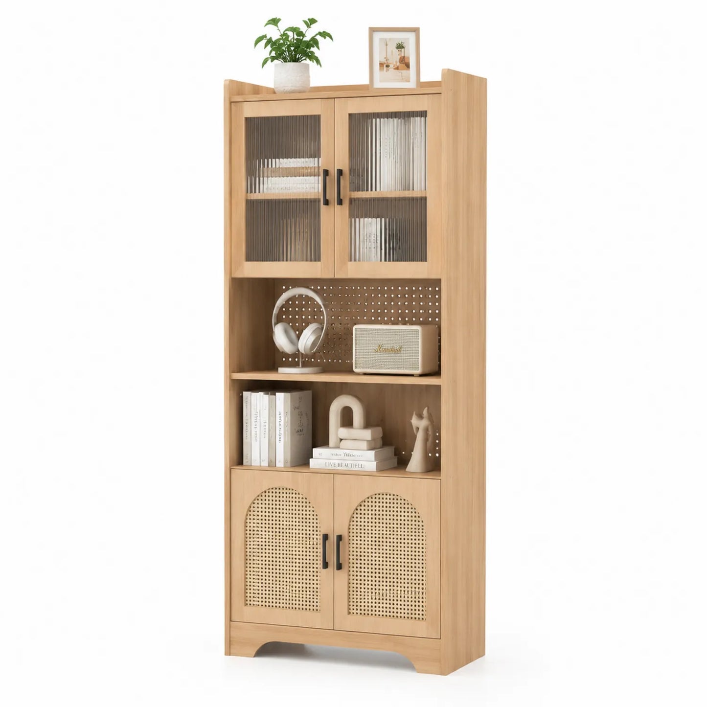 Estantería de Madera con Puertas de Vidrio Estriado y Ratán 180 cm