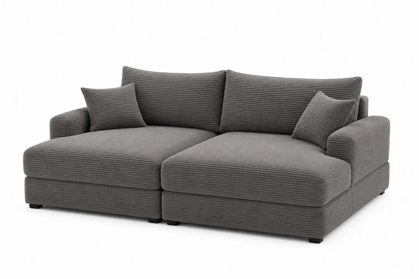 Sofá modular de tela de canalé gris con chaise longue y cojines