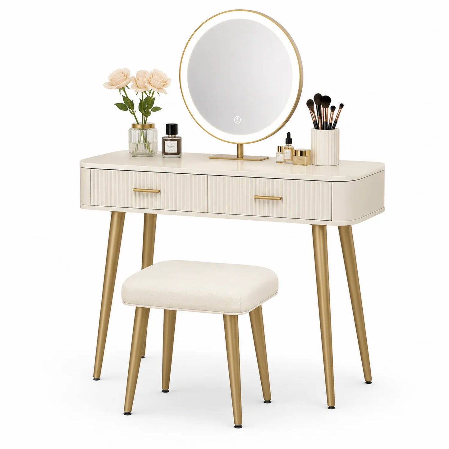 Set de Tocador de MDF Crema con Espejo LED y Taburete