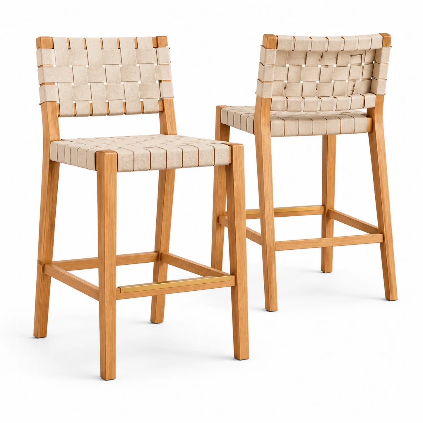 Juego de taburetes de madera de roble y cintas de poliéster beige