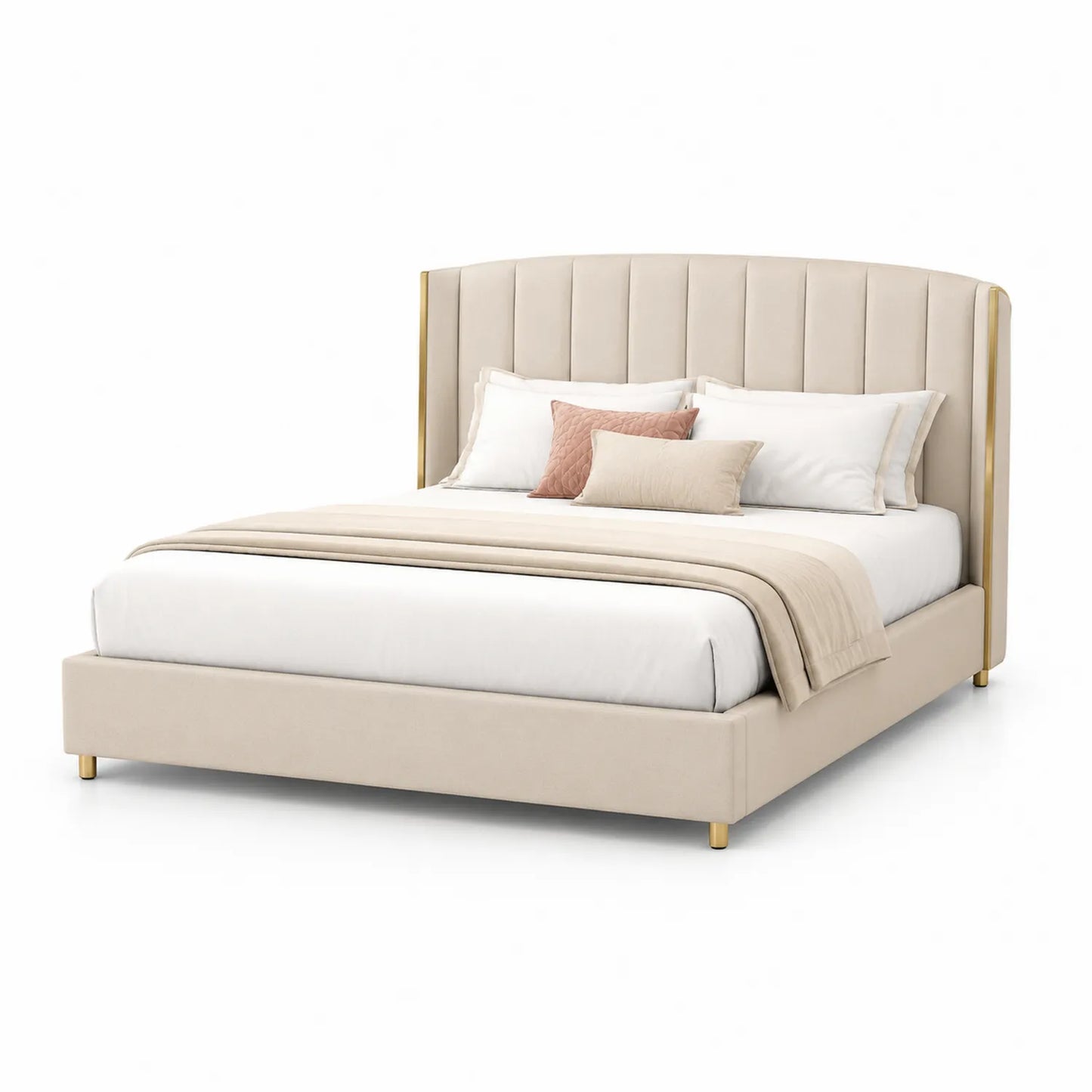 Cama de matrimonio tapizada en tejido beige con cabecero y patas metálicas