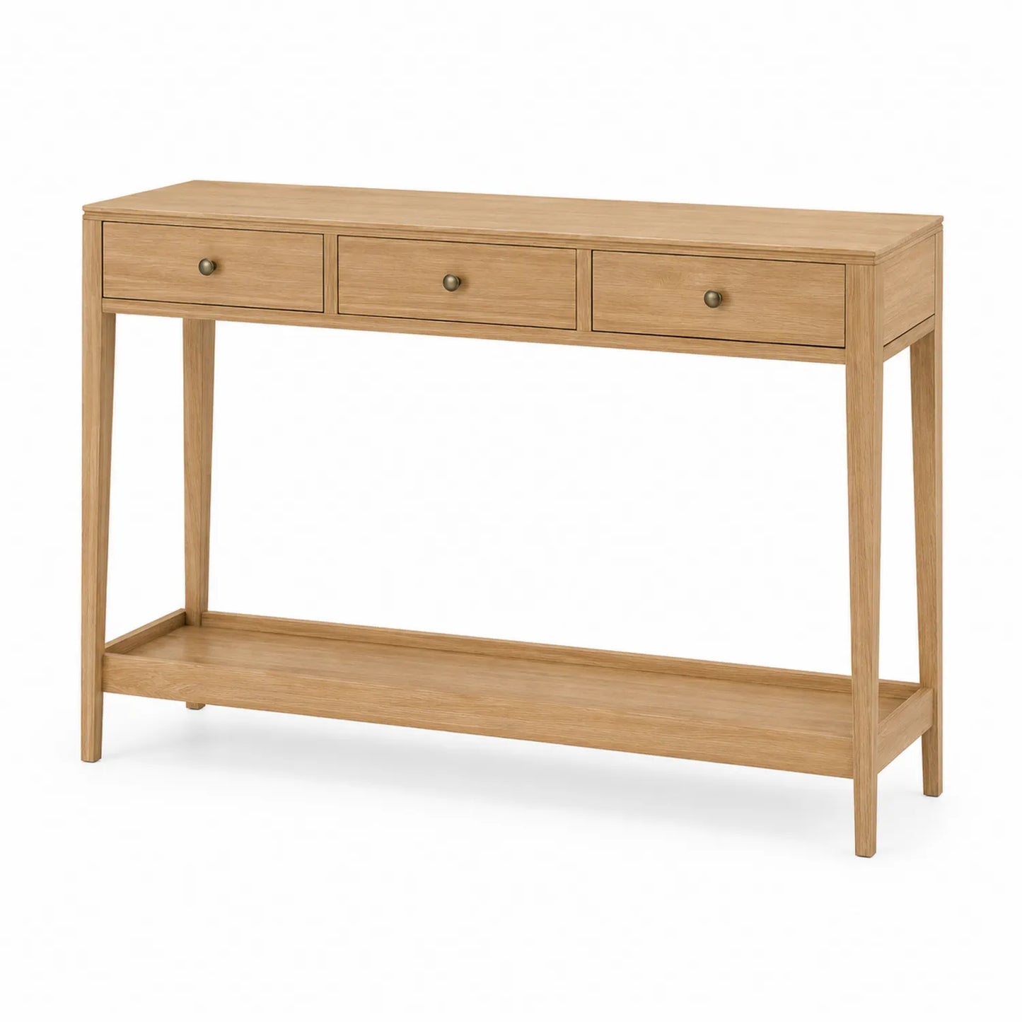 Mesa consola de madera de roble con cajones y estante