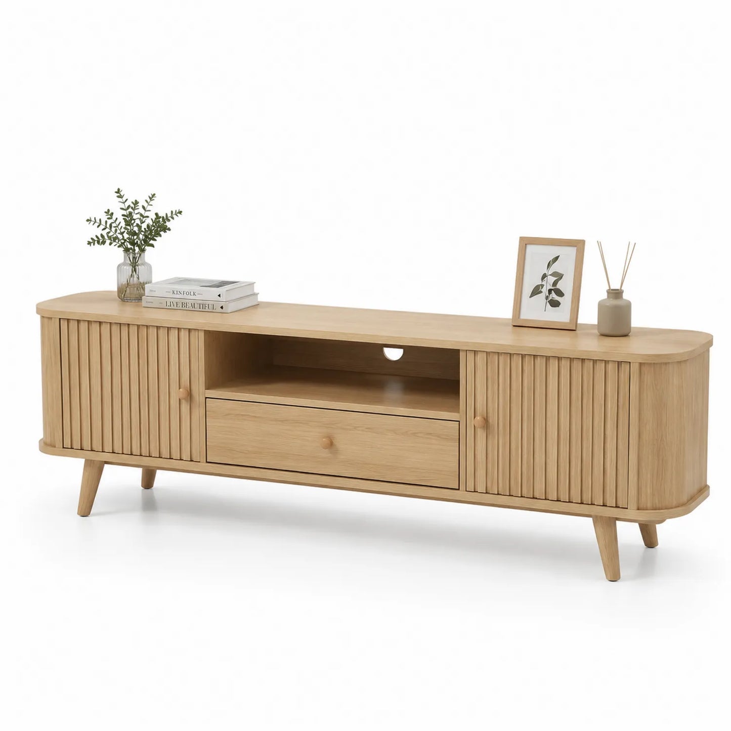 Mueble de TV de Madera de Roble con Puertas y Cajón