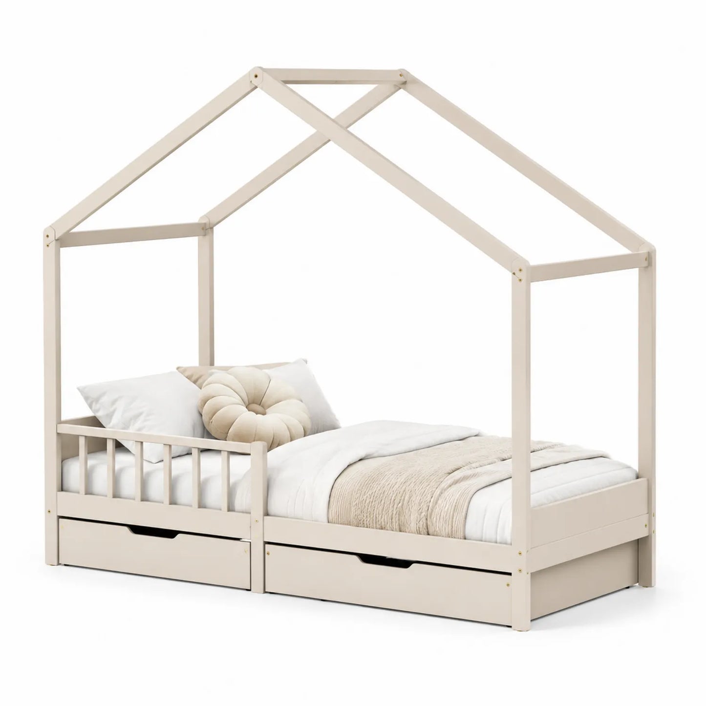 Cama infantil de madera con estructura de casa y cajones 200x90 cm
