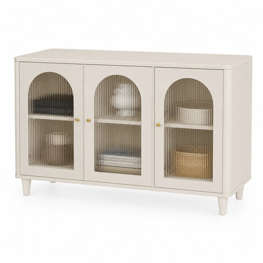 Aparador de MDF con puertas de vidrio acanalado beige