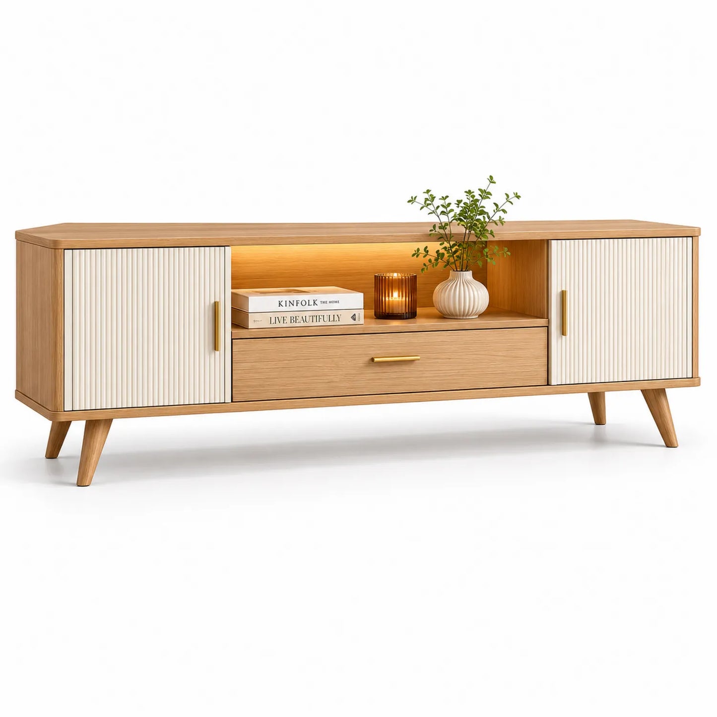 Mueble de TV de madera de roble y MDF ranurado 150cm