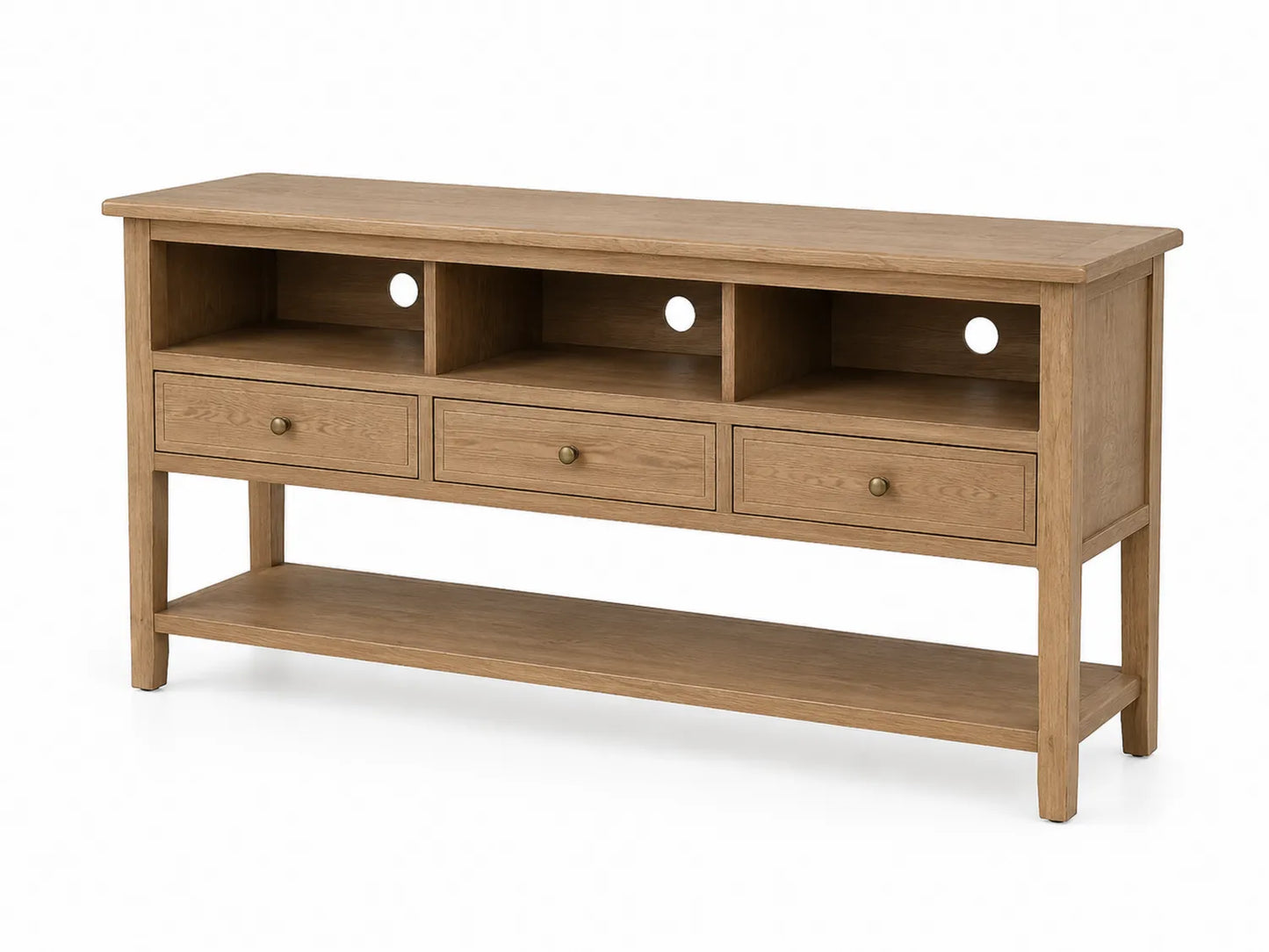 Mueble de TV de madera de roble con estantes y cajones