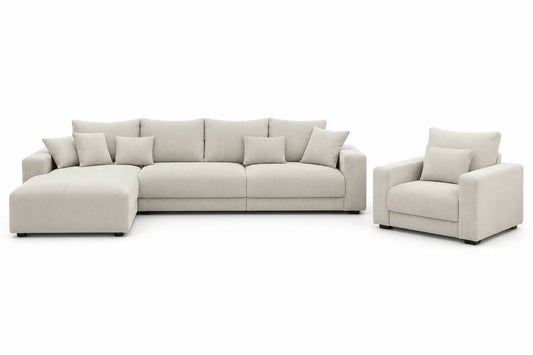 Sofá en L de esquina con sillón adicional de pana Beige