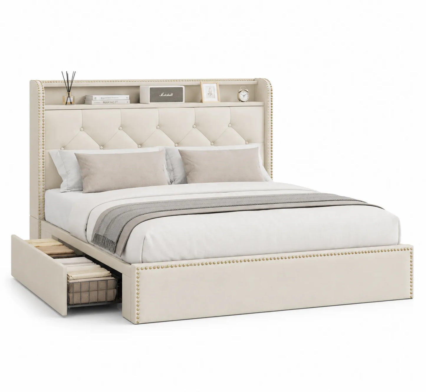 Cama de Matrimonio Tapizada con Cajones de Almacenamiento Beige