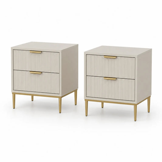 Juego de 2 mesitas de noche de Madera Beige con patas de Metal Dorado