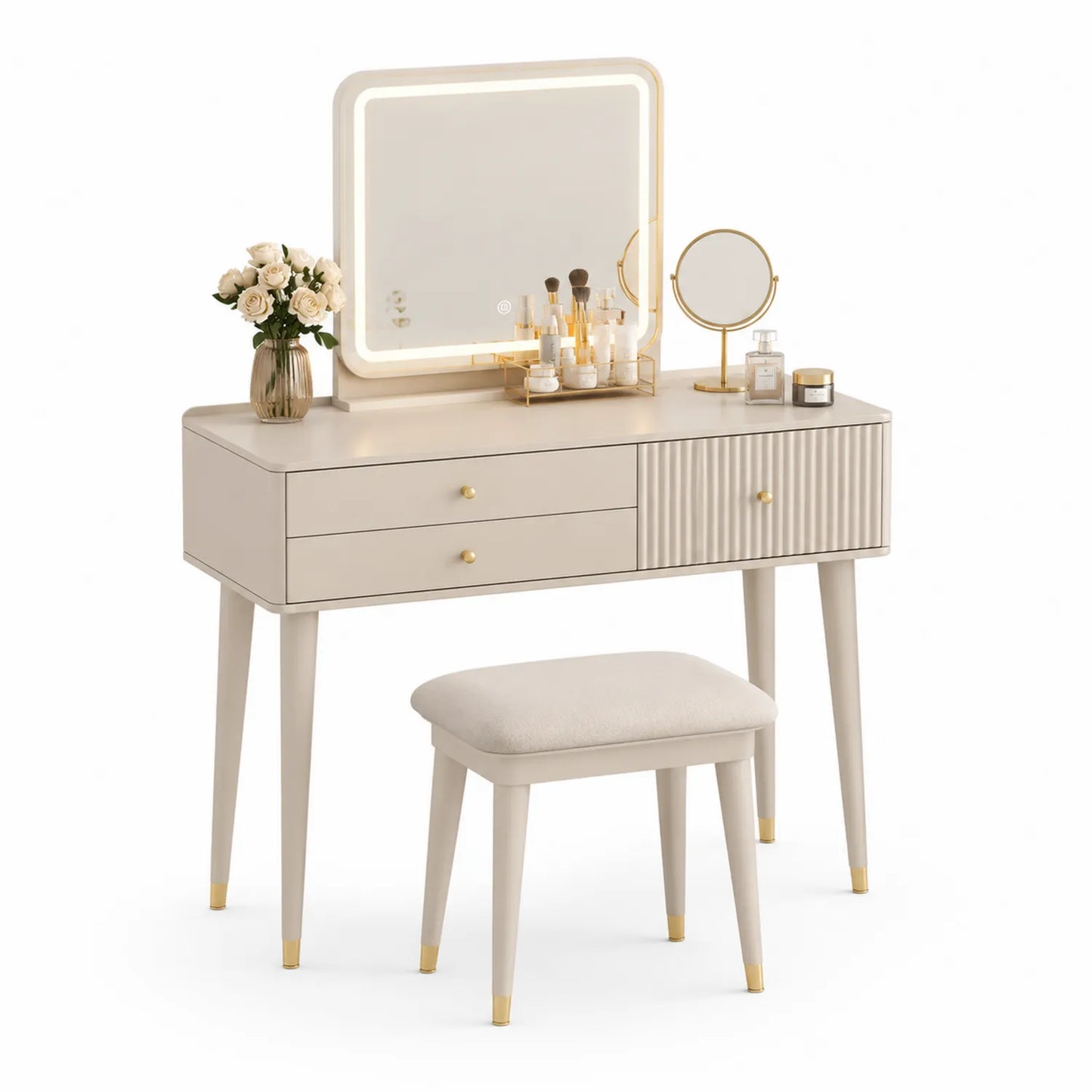 Tocador de Madera con Espejo LED y Taburete de Tela Beige