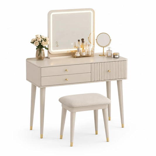 Tocador de Madera con Espejo LED y Taburete de Tela Beige