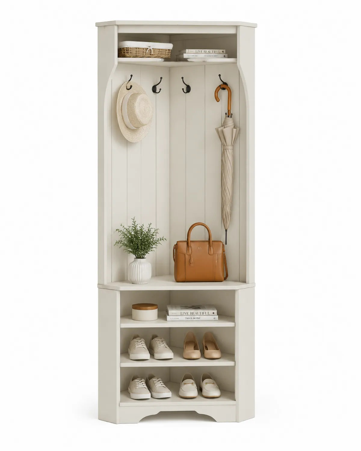 Mueble de Esquina de Madera con Estantes y Ganchos
