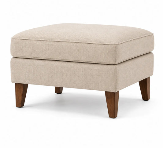 Puf de lino beige con patas de madera