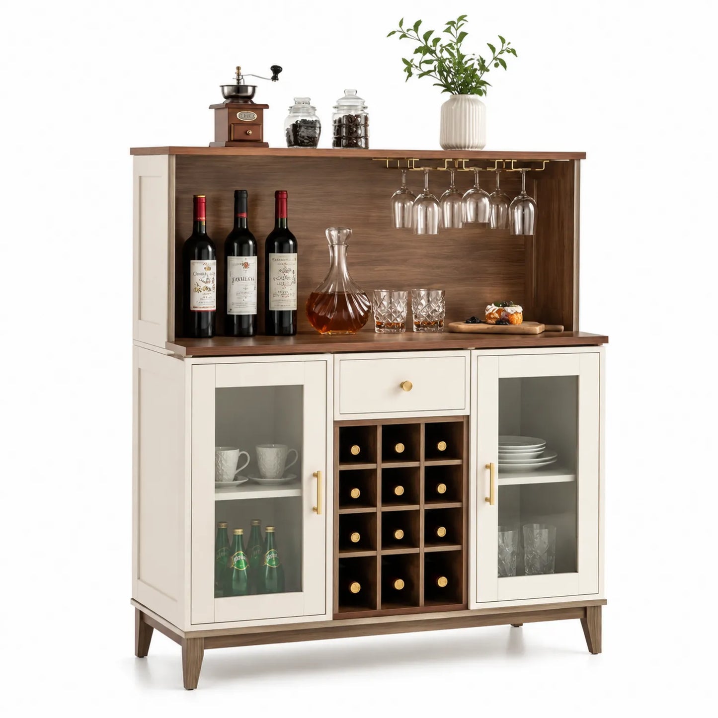 Aparador Buffet de Madera y Blanco con Puertas de Vidrio Templado