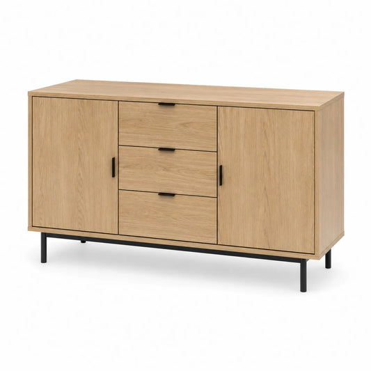 Aparador de madera de roble con patas de metal, 2 puertas y 3 cajones