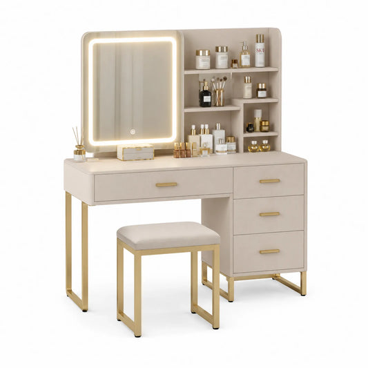 Tocador con Espejo LED y Taburete de MDF y Metal Beige Dorado