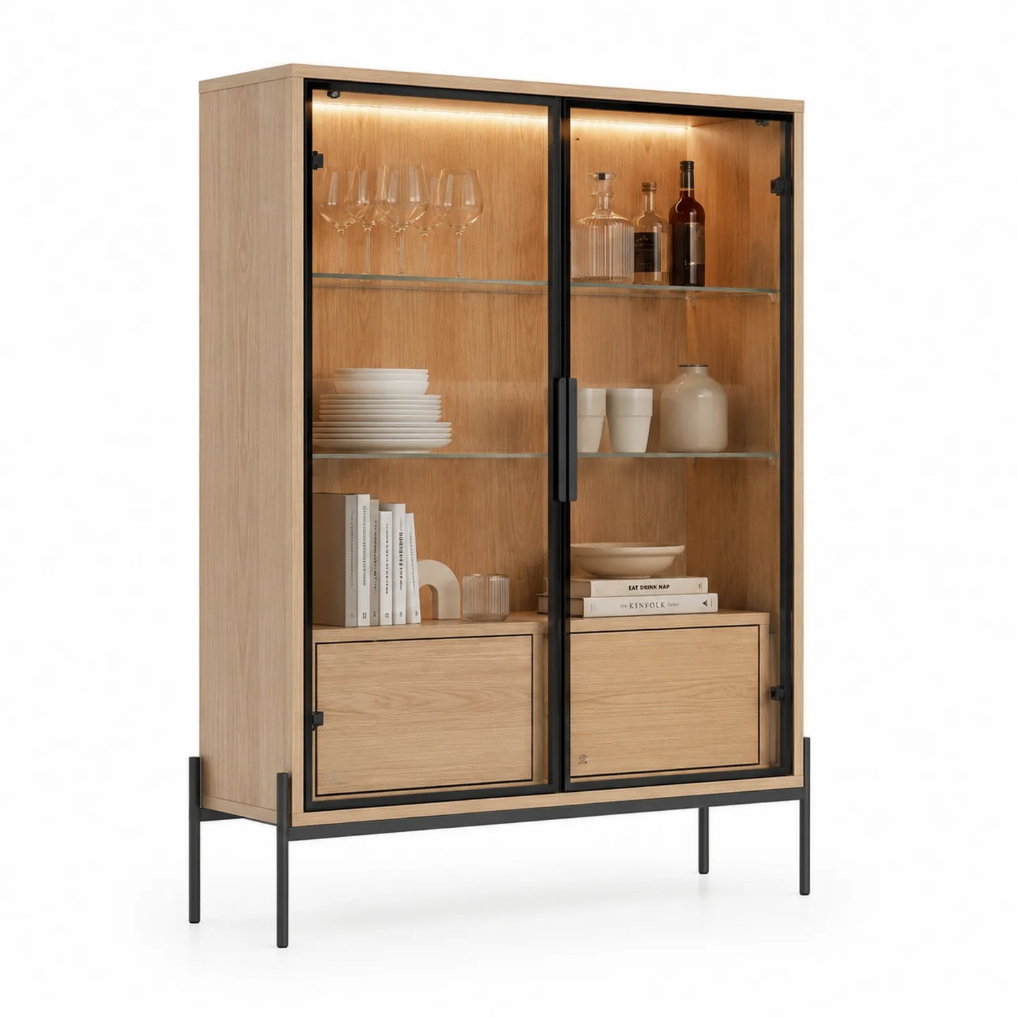 Vitrina de Madera de Roble y Vidrio con Marco de Metal 180cm