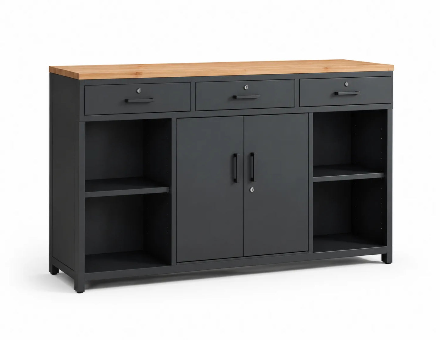 Gabinete de almacenamiento con superficie de madera y estructura de metal