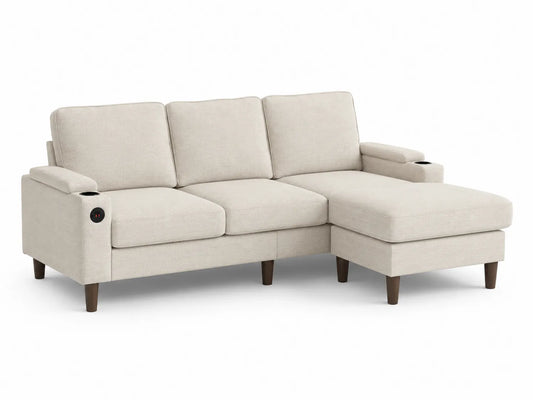 Sofá chaise longue de tela beige con patas de madera