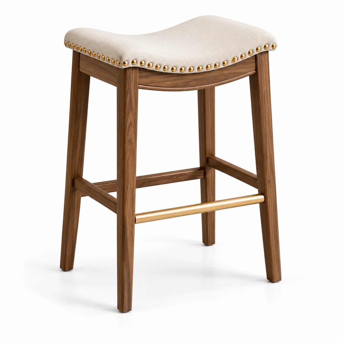 Taburete de Madera con Asiento de Tela Beige y Reposapiés Metálico