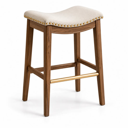 Taburete de Madera con Asiento de Tela Beige y Reposapiés Metálico