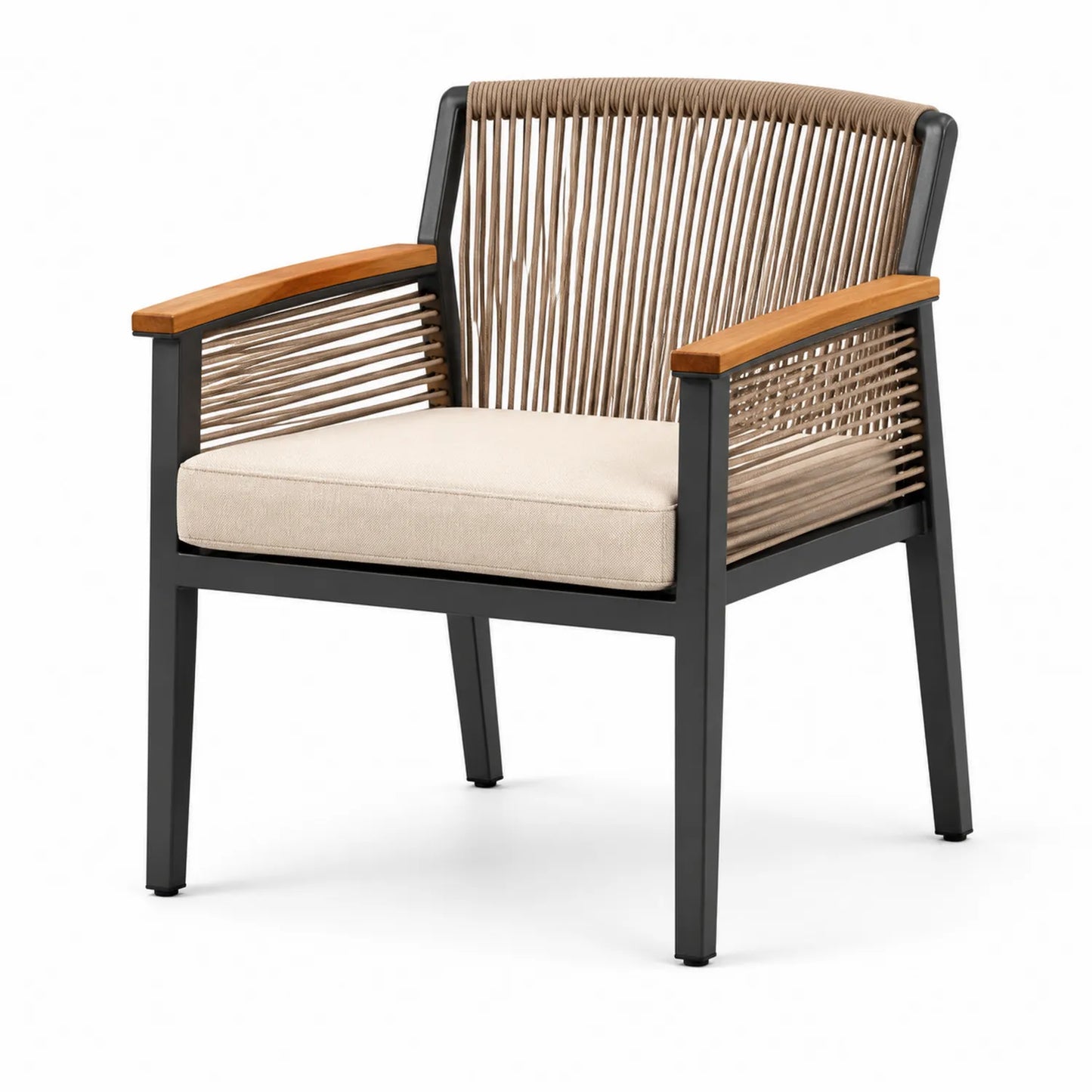 Silla de aluminio con cuerda y reposabrazos de madera