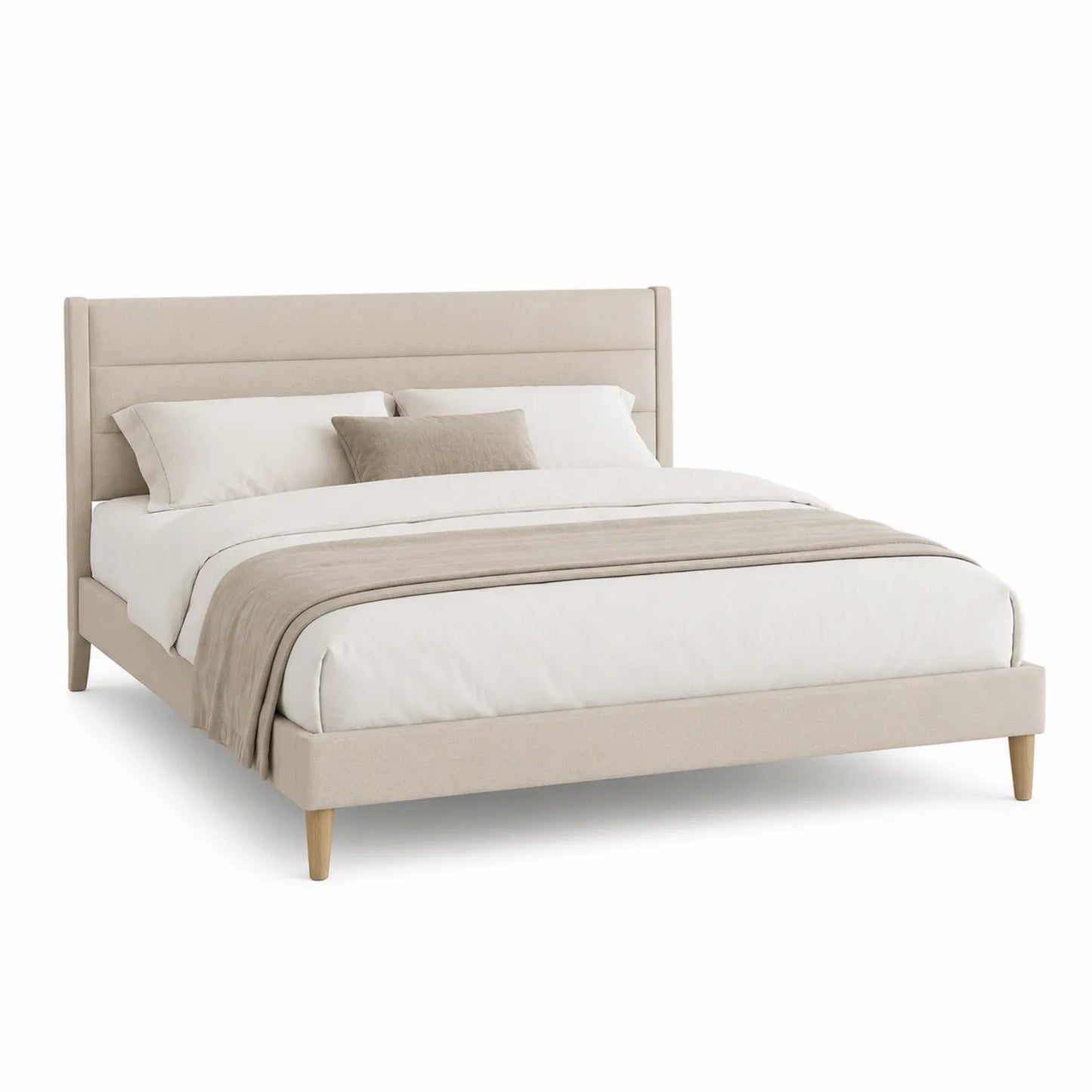 Cama de tela beige con patas de madera 200x160 cm