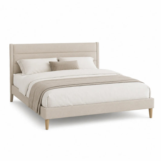 Cama de tela beige con patas de madera 200x160 cm