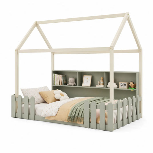 Cama infantil de madera con estante, forma de casa, verde/crema