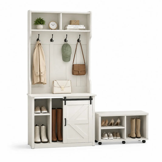 Estantería de entrada con perchero y zapatero de madera MDF blanca