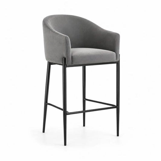 Taburete de terciopelo gris y metal negro