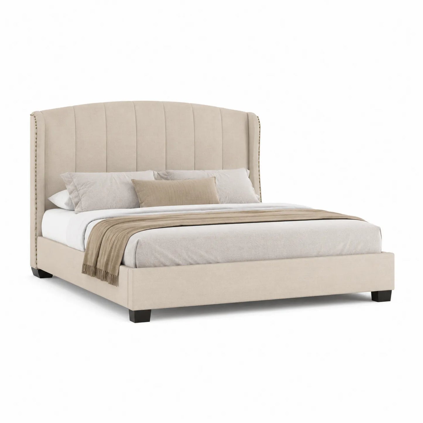 Cama de Tela Beige con Cabecero Alto de 200x210 cm