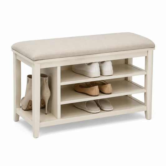 Banco zapatero de madera con asiento de tela beige y compartimento lateral