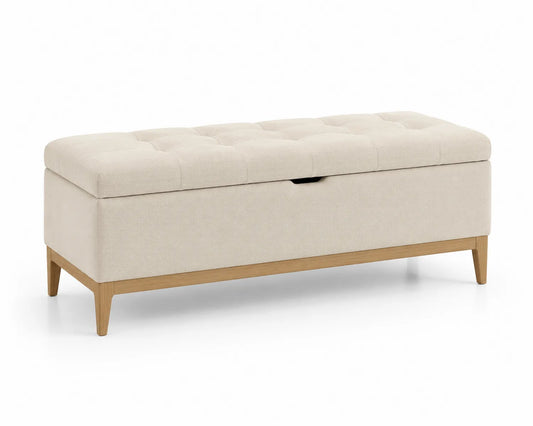 Banco de almacenamiento tela beige con patas de madera