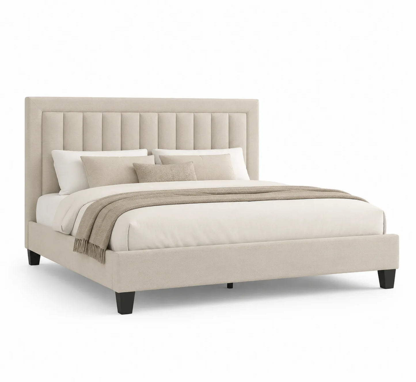 Cama tapizada de poliéster beige con cabecero acolchado